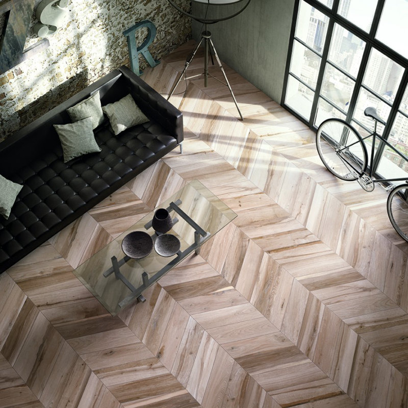 Solorez Chevron 8" x 32" Porcelain Wood Look Tile, Avana
