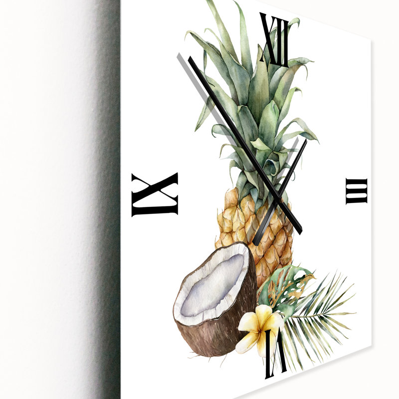 Horloge murale ananas avec plumeria et feuilles de palmier, Grand