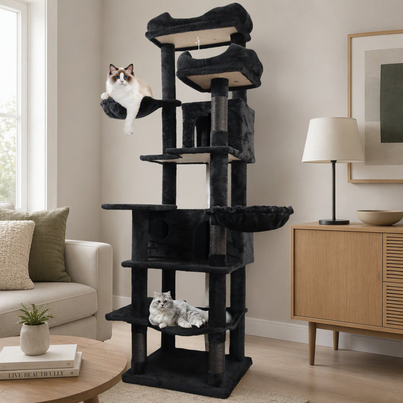 Arbre à chat vert à plusieurs niveaux de 173 cm de hauteur avec hamacs, panier suspendu, grotte pour chat, coussin amovible et poteaux à griffer - Tour à chat en peluche pour chats d'intérieur, idéal pour plusieurs chats