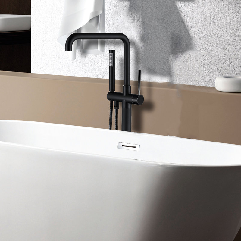 Robinet de baignoire autoportant avec douche à main - noir mat, fabrication en métal digne de salle de bain, fixation au sol, robinets à 2 trous, poignées à levier, mode manuel, forme essentielle