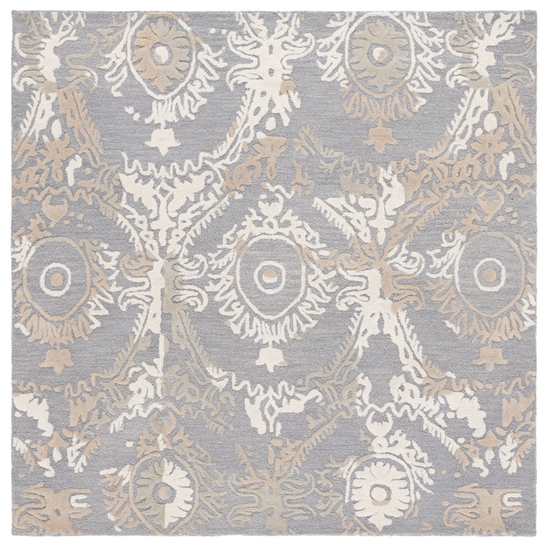 Tapis gris / ivoire en laine / coton touffeté à la main Delaina, Carré 6 pi