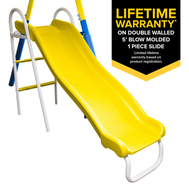 Blue and Yellow Metal Swing Set with Slide and Glider