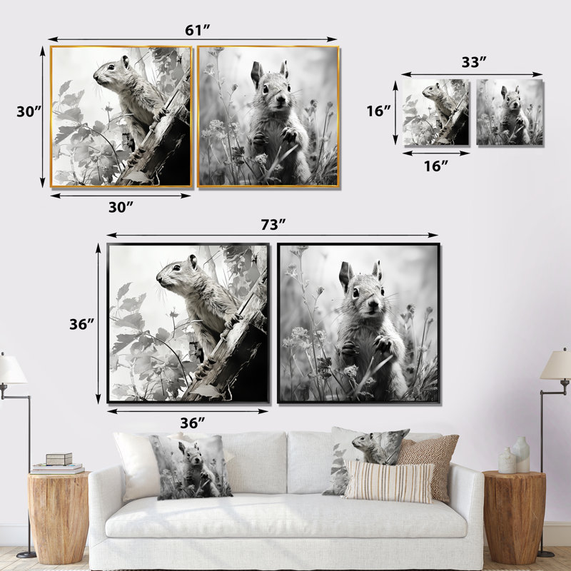 Noir, blanc, écureuil, forêt, acrobate I - ensemble d'œuvres d'art sur toile écureuil, Toile tendue