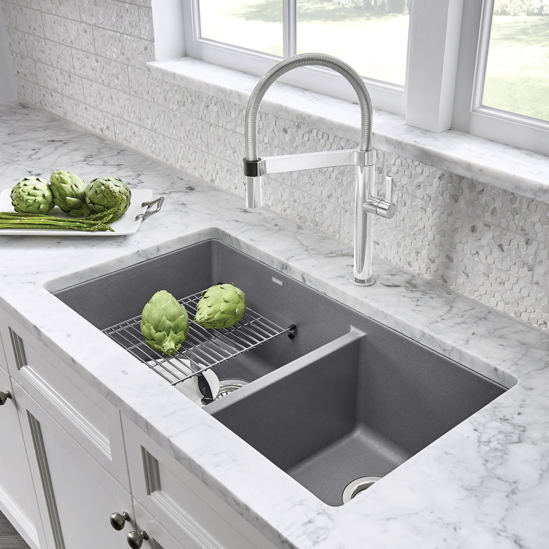 Precis SILGRANIT 33" L X 18" W Double Bowl Undermount Kitchen Sink, Volcano Gray