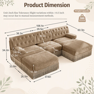 U Shaped Breathable Comfort Velvet Fabric Style Sofa with Tassel Fringe and Modular Design for Living Rooms and Bedrooms