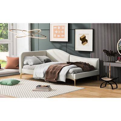 Lit de jour simple beige avec pied de support - Design moderne, pratique et élégant