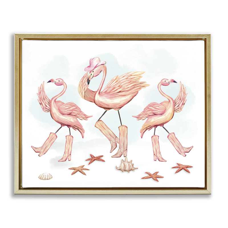 Cadre flottant dansant de flamants roses, design par Ziwei Li, Cadre flottant métallique doré, H 25 po x l 31 po