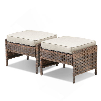 Ensemble de 2 repose-pieds d'extérieur en rotin brun avec coussin beige pour cour arrière ou terrasse