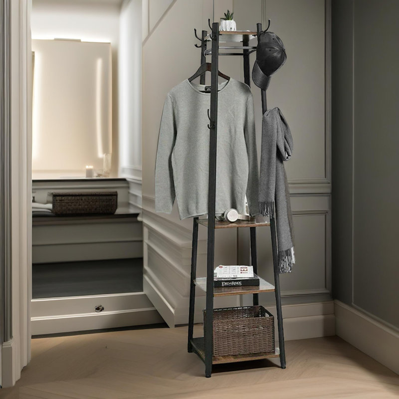 Rustic Industrial Wooden Coat Stand, Freestanding Coat Rack  Storage Shelves  Entryway Hallway