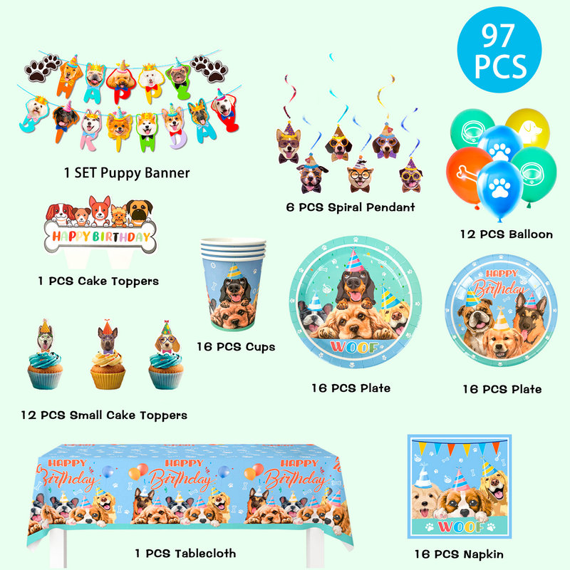 Puppy Dog Party Supplies,97pcs Dog Themed Party Decorations&Tableware Set