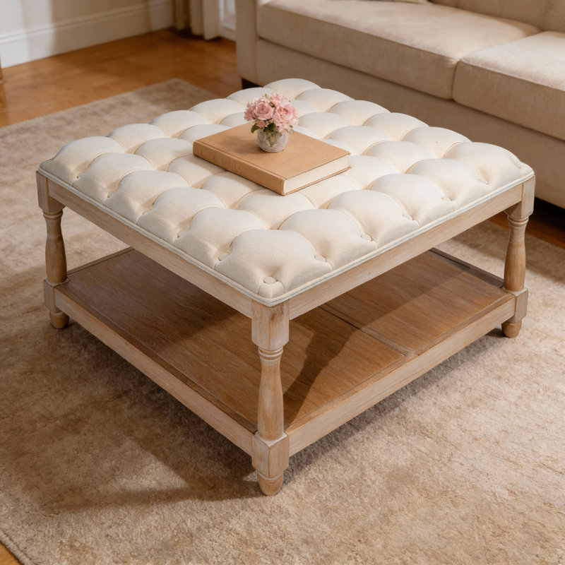 Grande table basse carrée avec repose-pieds capitonné en lin avec rangement en bois massif