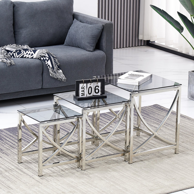 Darrie Stainless Steel Nesting Tables With Tempered Glass Top Set of 3 For Living Room (Curve), Chrome/Black Grey
