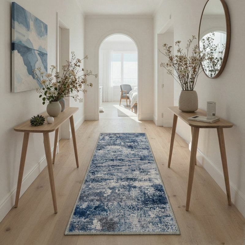 Comeau Aura Modern Abstract Machine Washable Blue / White Indoor Area Rug with Non-Slip Backing, Runner 2'6" x 8'