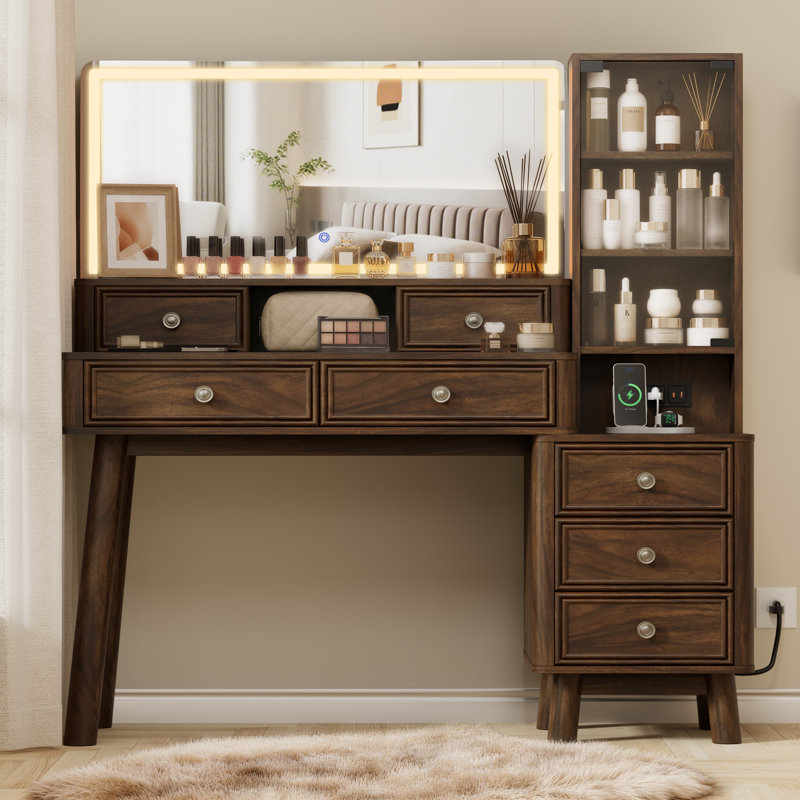 48'' Makeup Vanity Set With 36'' Large Mirror & Led Lights, Retro Vanity Desk With 7 Drawers & 3 Shelves, Vanity Table With Charging Station For Bedroom