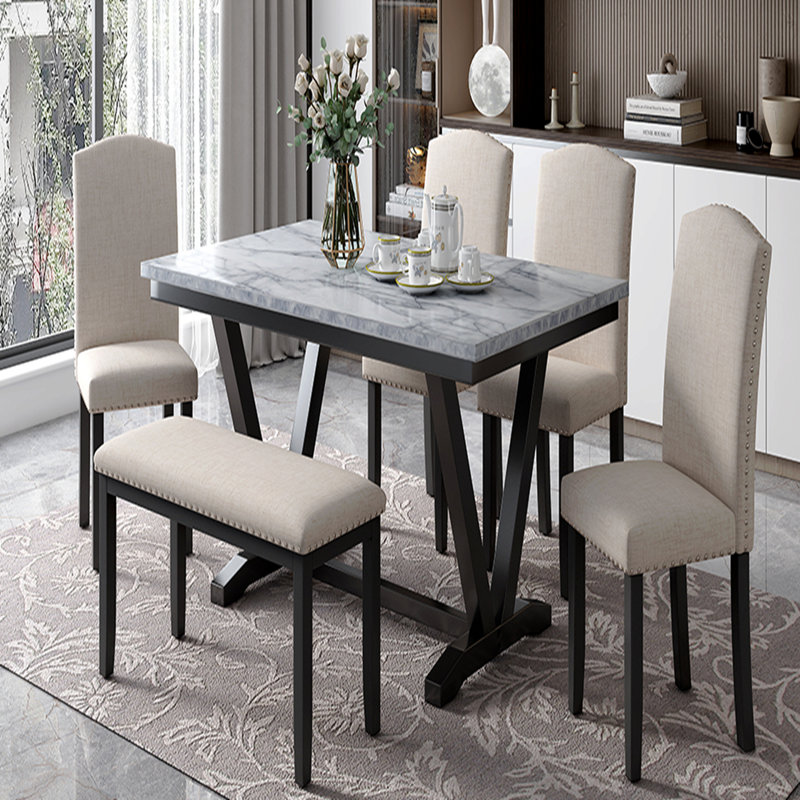 Table de salle à manger de style moderne 6 pièces avec 4 chaises et 1 banc, table avec placages marbrés et pieds en V