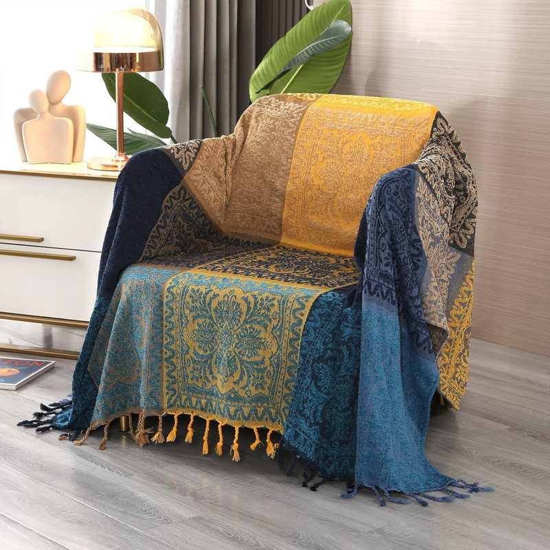 Box Cushion Sofa Slipcover, Chenille - Blue/Yellow