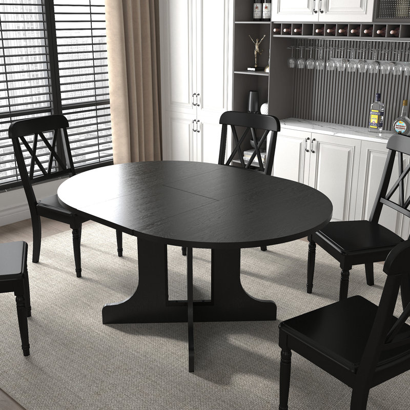 Dining Table For Farmhouse Kitchen 59X43 Inch Expandable Oval Table Top With Removable Leaf Trestle X Shaped Base, Black