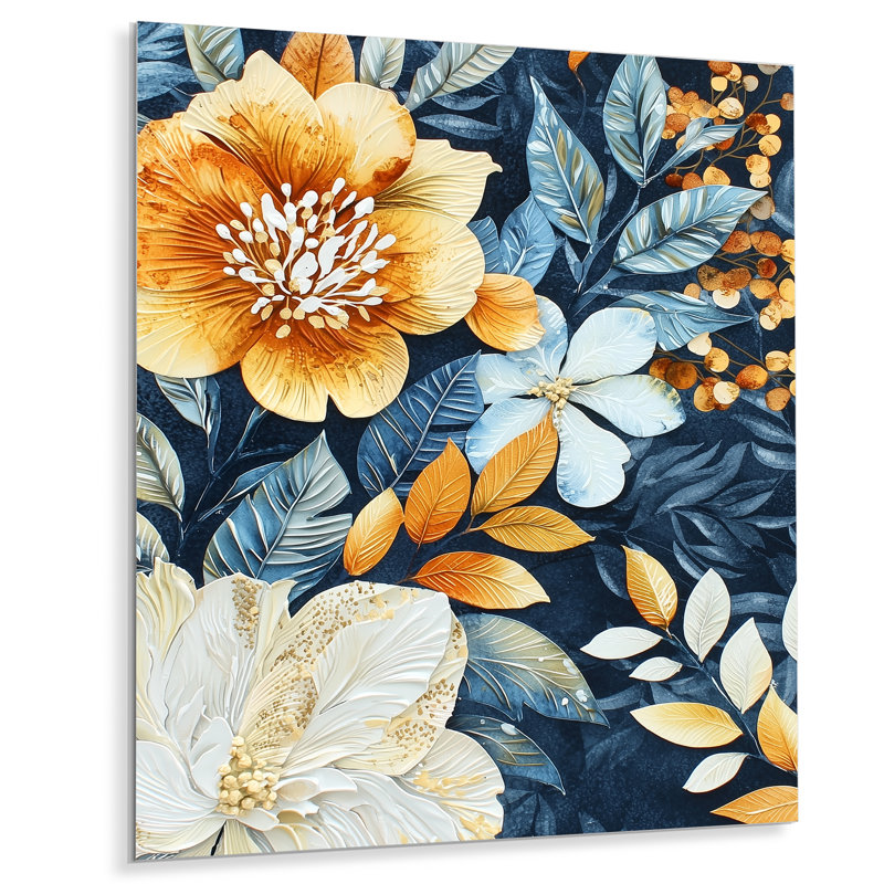 Floral fantaisie bleu et couleurs d'été II - Botanicals, impression murale sur métal, H 32 po x l 16 po