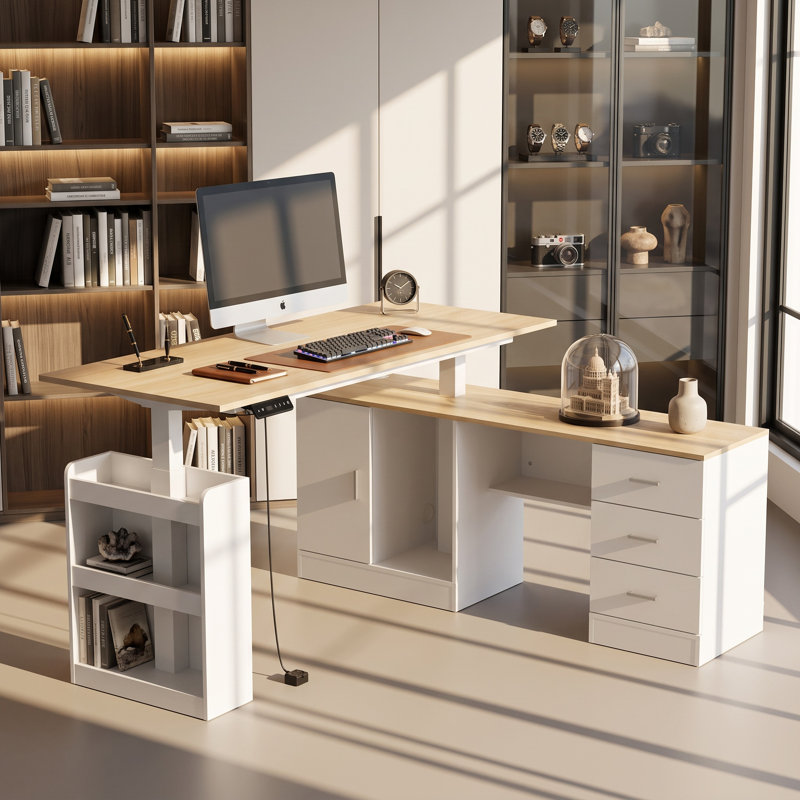 Bureau debout réglable en L de 63 po avec tiroirs en L noir et noyer, Chêne / Blanc