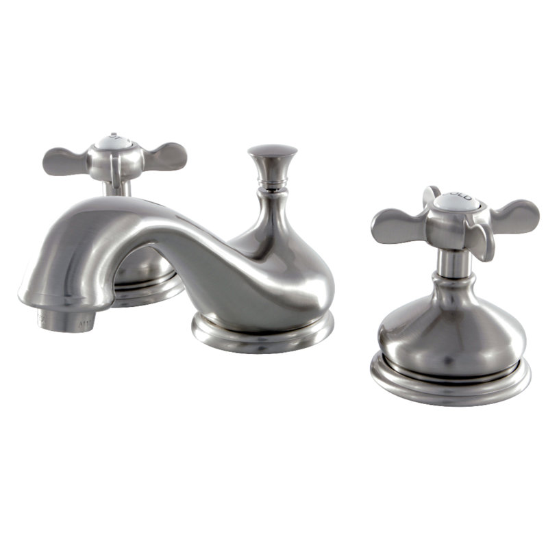 Kingston Brass Essex Two-Handle 3-Hole Deck Mount Widespread Bathroom Faucet with Brass Pop-Up Drain, Brushed Nickel