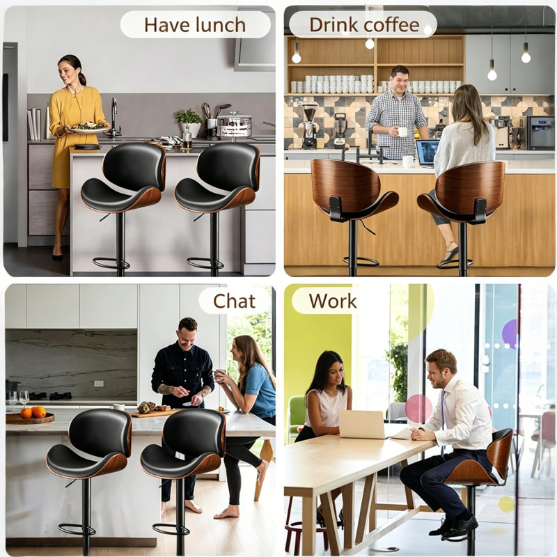 Modern Faux Leather Swivel Adjustable Height Bentwood Bar Stool, Black