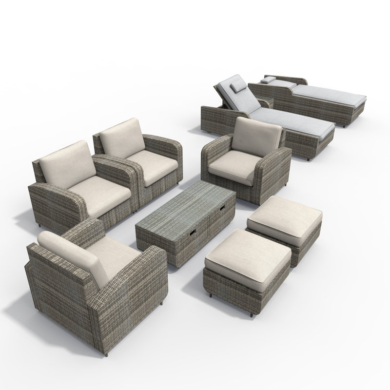 Ensemble de conversation avec canapé en rotin et coussins 10 pièces Willoughby, Beige / gris, gris