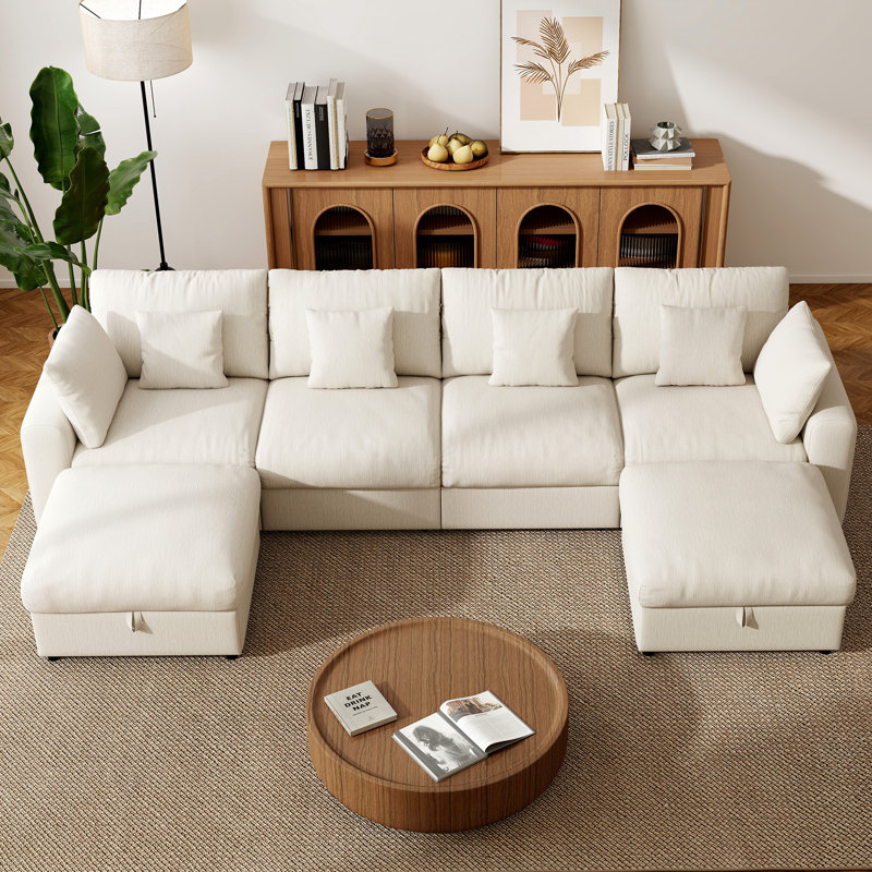 BedLuxury 141'' Modern Chenille U-Shaped Modual Sectional Sofa with 2 Storage Ottomans, Beige Chenille