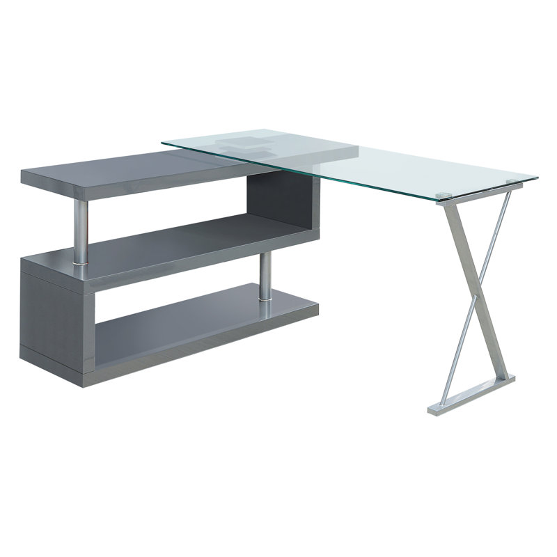 Kelford L-Shaped Glass Top Writing Desk, Gray