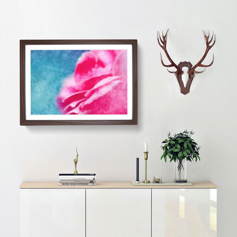 Pink Carnation on Blue - Picture Frame Painting Print, Walnut Framed, 33cm H x 45cm W x 2cm D