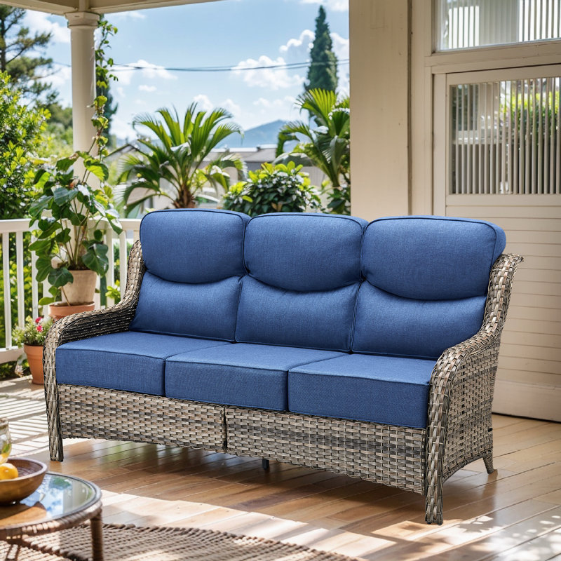 Deb 71" Outdoor Wicker Rattan Patio Sofa With 6" Thick Cushions, Blue/Gray