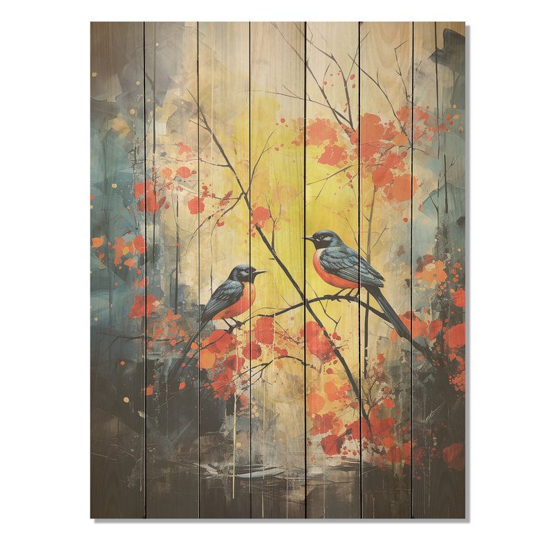 Forêt bleue et jaune avec merlebleu de l'Est - Oiseau sur bois, H 44 po x l 34 po