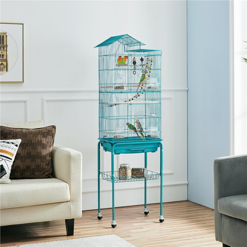 159cm Iron Pointed Top Floor Bird Cage with Wheels, Blue