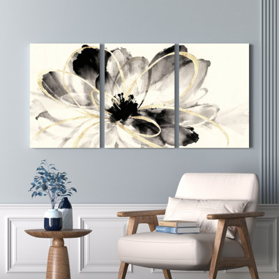 Abstract Black and White Floral with Gold Accents Canvas Wrapped Wall Art, Oil Painting Print (Set of 3)