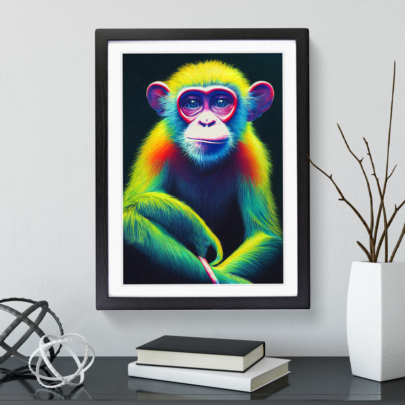 Neon Monkey No.3 - Wrapped Canvas Print, 64cm H x 46cm W x 2cm D, Black Framed