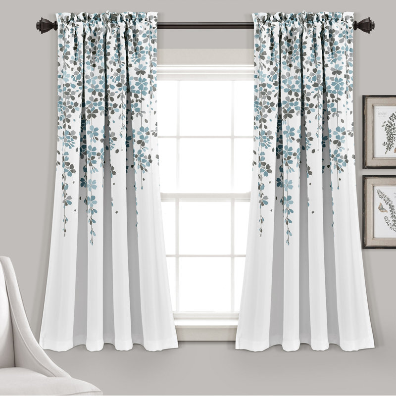 Blue Gray Floral Room Darkening Polyester Curtain Panels, Set of 2
