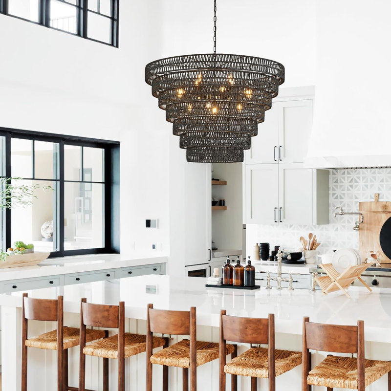 Hand-Woven Rattan Chandelier With 15 Lights - Vintage Boho Farmhouse Style Drum Wicker Light Fixture For Dining Room, Living Room, Kitchen - Adjustable Height, E12 Base