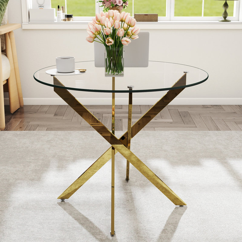 Modern Glass Top Dining Table, Metal Cross Legs Kitchen Dining Room Table, Gold