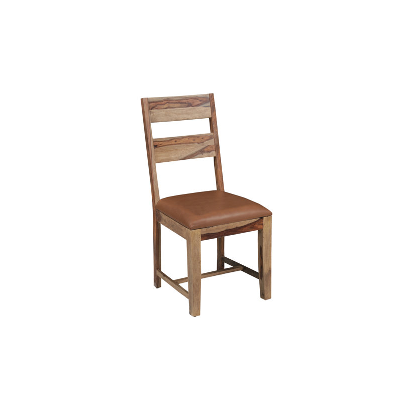 Chaises de salle à manger Chaliyah en bois massif et cuir véritable, 99 cm (39 po), couleur brun clair (ensemble de 2), Brown