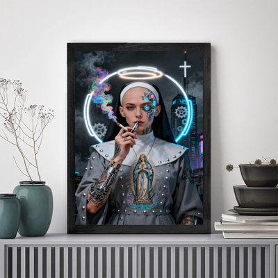 Art encadré noir, fusion de la technologie et de la religion chez les fumeurs, impressions encadrées de style rétro