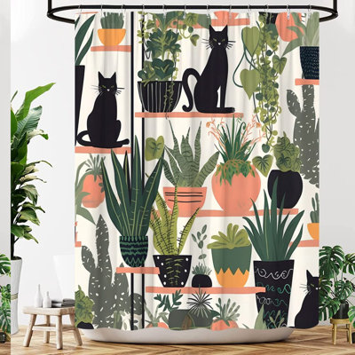 Boho Greenhouse Cat Shower Curtain - Tropical Cactus & Succulents Design, Cute Black Kitty, Polyester Fabric, 70x70in with Hooks