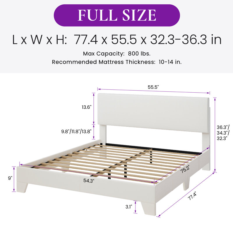Simple Rectangular Upholstered Platform Bed, Full / Double