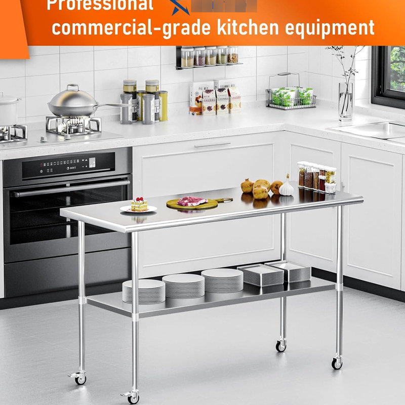 Table en acier inoxydable 24 X 60 pouces avec roues verrouillables et tablette réglable pour atelier, laboratoire, cuisine, hôtel, restaurant