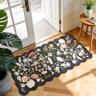 Tapis de couloir lavable: Tapis de couloir à motif floral festonné antidérapant Boho