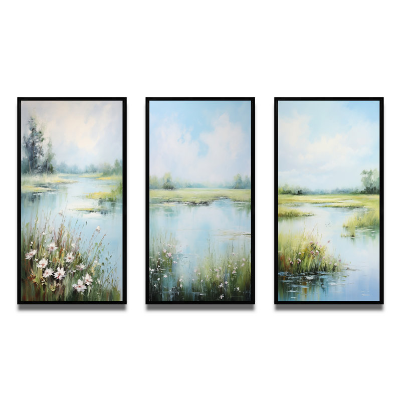 «Meadow Tranquil Waters», 3 pièces sur toile, Cadre noir, H 32 po x l 48 po