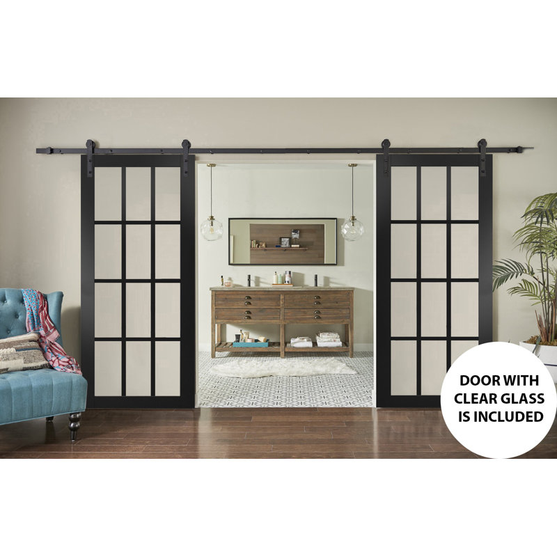 Portes de grange en verre transparent Felicia avec ensemble de quincaillerie d'installation, Noir, 56 po x 96 po