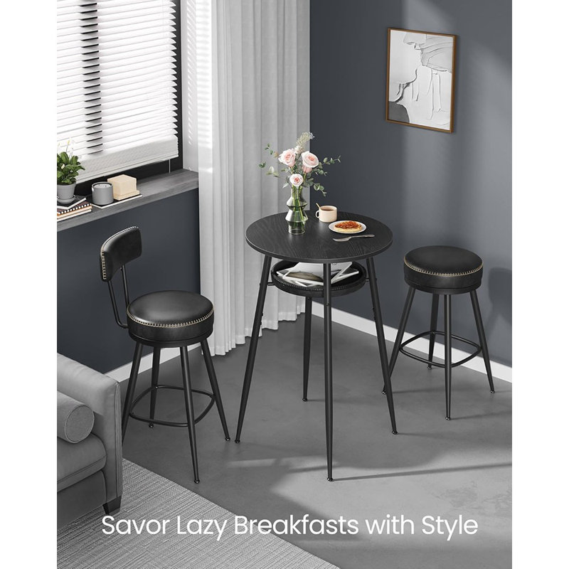 Table de bar avec rangement, table de pub ronde haute, cuir synthétique avec coutures, Mid-Century moderne, bar pour la maison, salon, assemblage facile, noir ébène et noir encre