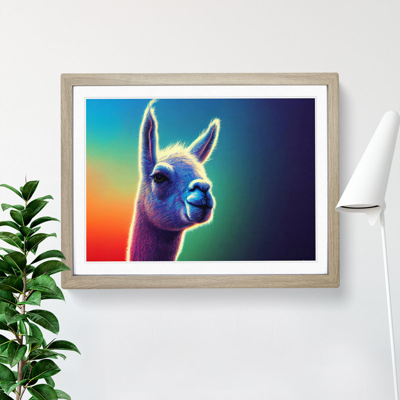 Llama In Colour Vol.1 - Single Picture Frame Print, 46cm H x 64cm W, Oak