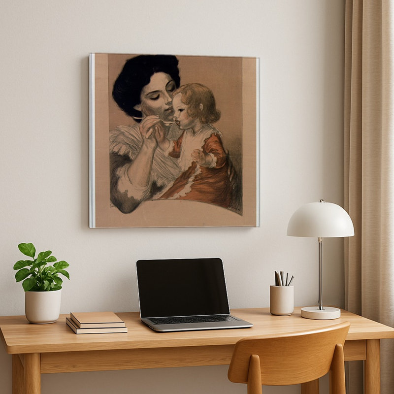 Lithographie vintage Belle Époque représentant une mère et son enfant allaitant (années 1900) — Décoration murale carrée en métal