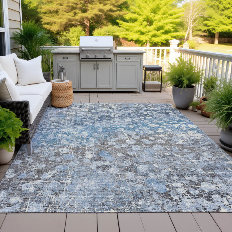 Tapis bleu intérieur / extérieur lavable à la machine Xhevrie, Rectangle 10 pi x 14 pi