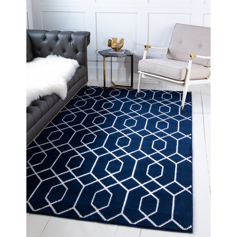 Glam Navy Blue Silver Area Rug, Rectangle 4'1" x 6'1"
